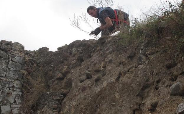 Un operario trabaja en las tareas de limpieza de la muralla./SUR