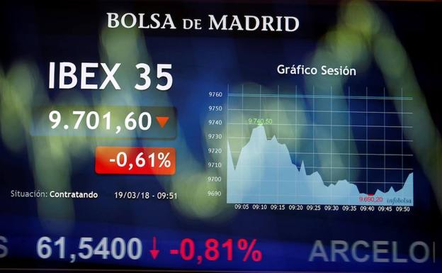 Pantalla en la sede la Bolsa en Madrid. /Juan Carlos Hidalgo (Efe)
