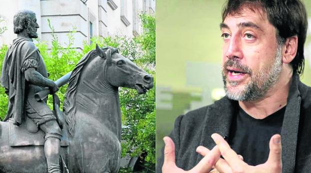 Javier Bardem, frente a una estatua de Hernán Cortes, prepara su debut en una ficción televisiva que también producirá. :/EFE