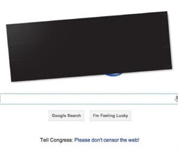 El doodle de Google, tapado con un cartel negro para protestar por la Ley SOPA