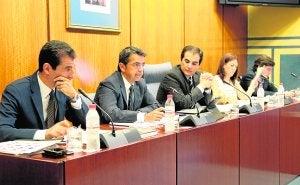 Pablo Carrasco, director general de RTVA, en el centro, durante su comparecencia parlamentaria de ayer. Sur/