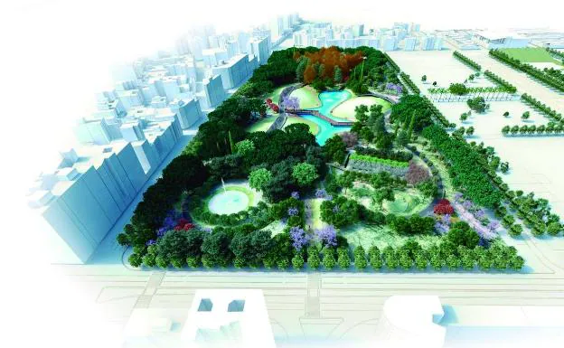 Recreación del parque previsto en una parte de los terrenos de Repsol según el proyecto de HCP. /SUR