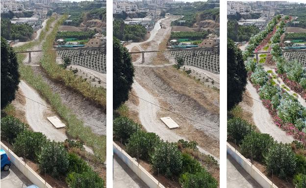 Ecologistas denuncian daños ambientales en los ríos de Nerja por la limpieza de los cauces 2 Montaje con tres imágenes de la misma zona del cauce con la recreación ambiental propuesta por GENA.